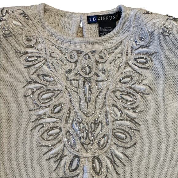 Vintage IB Diffusion Womens Medium Ivory Silk Sweater with Silver Beaded Front - Picture 3 of 8